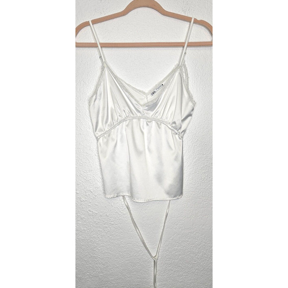 Zara Womens Tank Top Small White Lace Trim Tie Up Satin Camisole Bloggers Fav - Picture 2 of 11